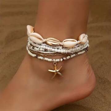 Qceasiy Shell Ankle Bracelet Set for Women, 14K Gold Boho Bead Adjustable Anklet, Hawaiian Beach Seashell Pearl Heart Starfish Conch Foot Jewelry Gifts(Starfish Shell 7Pcs)