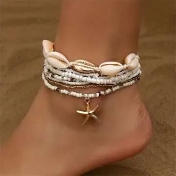 Qceasiy Shell Ankle Bracelet Set for Women, 14K Gold Boho Bead Adjustable Anklet, Hawaiian Beach Seashell Pearl Heart Starfish Conch Foot Jewelry Gifts(Starfish Shell 7Pcs)