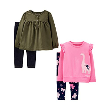 Carter's Baby Girl's 4-Piece Dino Playwear Set in Olive/Pink - 12M