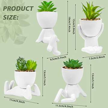 LJMBOEN 4 PCS Cute Fake Succulent with Creative Human Shaped Pots,Mini Ceramic Plant Potted Succulents for Women Men,Faux Succulents Plants for Office,Home,Bathroom and Shelf Decor (White)