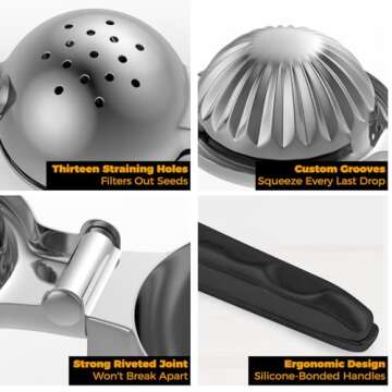 RCMo Stainless Steel Lemon Squeezer - Metal Citrus Juicer - Lime Lemon and Fruit Juicer with Silicone Handles - Large Manual Citrus Press Juicer - Hand Held Squeezer - Ergonomic Design with Solid