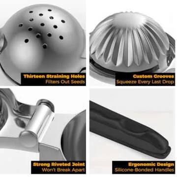 RCMo Stainless Steel Lemon Squeezer - Metal Citrus Juicer - Lime Lemon and Fruit Juicer with Silicone Handles - Large Manual Citrus Press Juicer - Hand Held Squeezer - Ergonomic Design with Solid