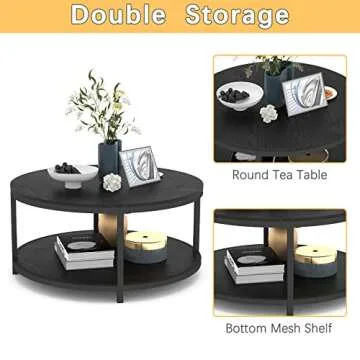 NSdirect 36 inches Round Coffee Table, Rustic Wooden Surface Top & Sturdy Metal Legs Industrial Sofa Table for Living Room Modern Design Home Furniture with Storage Open Shelf (Black)