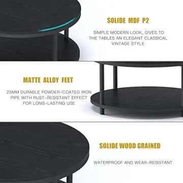 NSdirect 36 inches Round Coffee Table, Rustic Wooden Surface Top & Sturdy Metal Legs Industrial Sofa Table for Living Room Modern Design Home Furniture with Storage Open Shelf (Black)