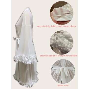OYOANGLE Women's Sheer Mesh Appliques Trumpet Floral Sleeve Belted Sleep Robe Bridal Wedding Lingerie White Floral Sleeve S