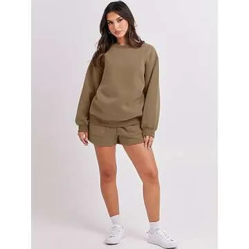 ANRABESS Women 2 Piece Outfits Sweat Shorts Sets 2025 Oversized Casual Lounge Matching Set Sweatsuit Tracksuit Clothes Light Brown X-Large