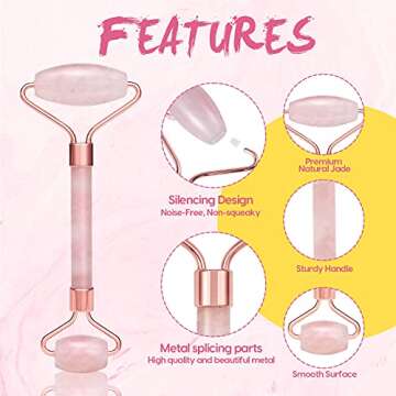 Femometer Jade Roller, Gua Sha Set, Facial Roller Massage Tool 100% Natural Rose Quartz for Face, Ey...