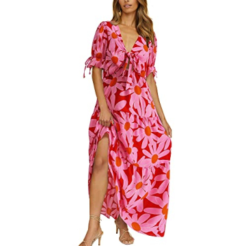 BTFBM Women's 2024 Summer Boho Dress Tie Front Deep V Neck Cutout Short Sleeve Floral Casual Party Beach Maxi Dresses