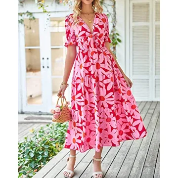 BTFBM Women's 2024 Summer Boho Dress Tie Front Deep V Neck Cutout Short Sleeve Floral Casual Party Beach Maxi Dresses