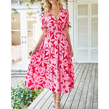 BTFBM Women's 2024 Summer Boho Dress Tie Front Deep V Neck Cutout Short Sleeve Floral Casual Party Beach Maxi Dresses