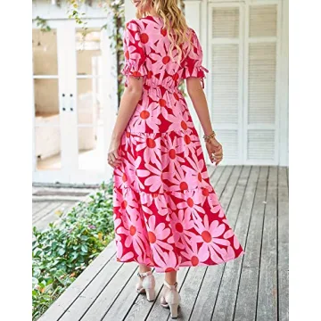 BTFBM Women's 2024 Summer Boho Dress Tie Front Deep V Neck Cutout Short Sleeve Floral Casual Party Beach Maxi Dresses