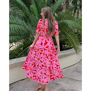 BTFBM Women's 2024 Summer Boho Dress Tie Front Deep V Neck Cutout Short Sleeve Floral Casual Party Beach Maxi Dresses