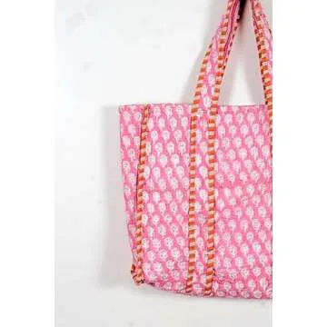 Generic Quilted Cotton Handprinted Reversible Large multicolor Floral Tote Bag (COTTON, LIGHT PINK)