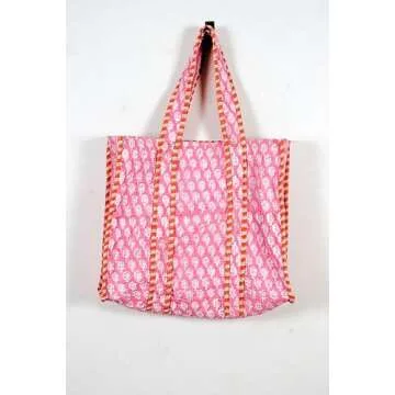 Generic Quilted Cotton Handprinted Reversible Large multicolor Floral Tote Bag (COTTON, LIGHT PINK)