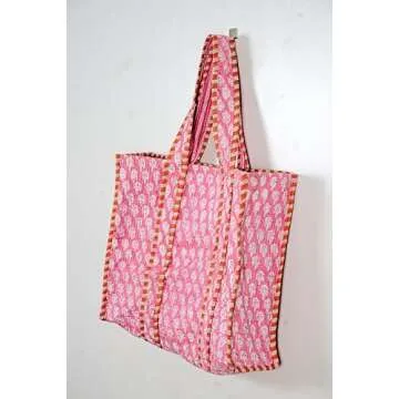Generic Quilted Cotton Handprinted Reversible Large multicolor Floral Tote Bag (COTTON, LIGHT PINK)