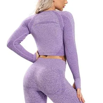 FITTOO Women's Long Sleeves Workout Crop Tops Seamless Sports Shirts Fitness Activewear Dark Purple S
