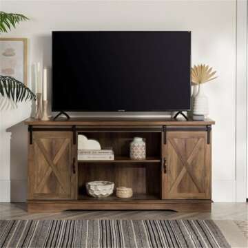 Walker Edison Richmond Modern Farmhouse Sliding Barn Door TV Stand for TVs up to 65 Inches, 58 Inch, White Oak/ Traditional Brown
