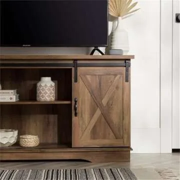 Walker Edison Richmond Modern Farmhouse Sliding Barn Door TV Stand for TVs up to 65 Inches, 58 Inch, White Oak/ Traditional Brown