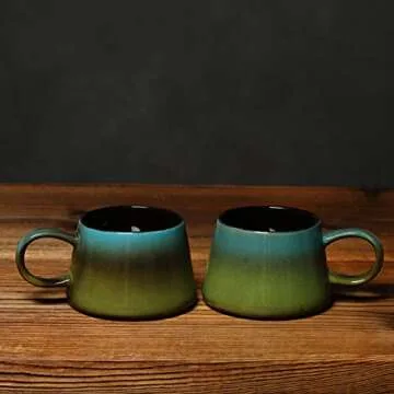 Pisten Homme 13 Ounce Glossy Glazed Porcelain Coffee Mugs Set Of 2 With Handle Modern Design Also For Cocoa, Milk, Tea or Water (Turquoise-Olive Green, 2)