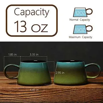 Pisten Homme 13 Ounce Glossy Glazed Porcelain Coffee Mugs Set Of 2 With Handle Modern Design Also For Cocoa, Milk, Tea or Water (Turquoise-Olive Green, 2)