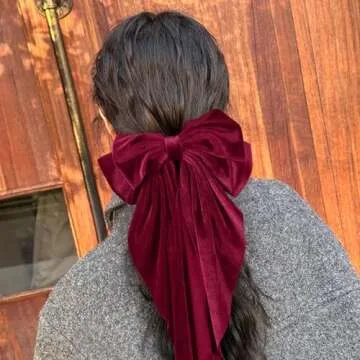 Dark Red Velvet Large Hair Bow Long Tail Bowknot Hair Barrette Clip 8.26 Inch Women Girls Fall Winter Ponytail Holder Hair Accessories