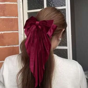 Dark Red Velvet Large Hair Bow Long Tail Bowknot Hair Barrette Clip 8.26 Inch Women Girls Fall Winter Ponytail Holder Hair Accessories