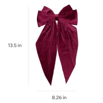 Dark Red Velvet Large Hair Bow Long Tail Bowknot Hair Barrette Clip 8.26 Inch Women Girls Fall Winter Ponytail Holder Hair Accessories