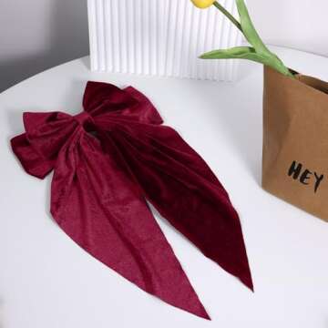 Dark Red Velvet Large Hair Bow Long Tail Bowknot Hair Barrette Clip 8.26 Inch Women Girls Fall Winter Ponytail Holder Hair Accessories