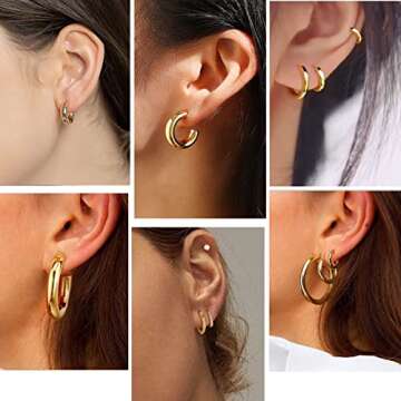 Cuicanstar 9 Pairs Chunky Gold Hoop Earrings Lightweight 14K Gold Hoops Earrings Minimalist Cubic Zi...
