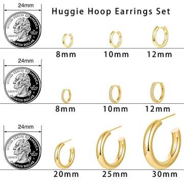 Cuicanstar 9 Pairs Chunky Gold Hoop Earrings Lightweight 14K Gold Hoops Earrings Minimalist Cubic Zirconia Huggie Earrings Set for Women