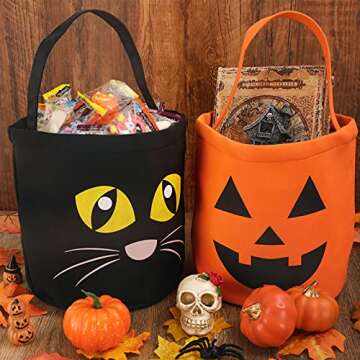 Whaline 3 Pack Halloween Trick or Treat Bucket Pumpkin Cat Monster Candy Basket Tote Bag with Handle Portable Candy Holder Bag Goodie Bags for Party Favor