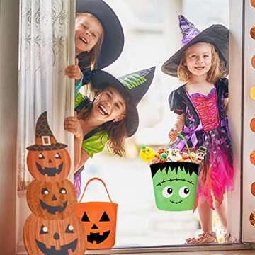 Whaline 3 Pack Halloween Trick or Treat Bucket Pumpkin Cat Monster Candy Basket Tote Bag with Handle Portable Candy Holder Bag Goodie Bags for Party Favor