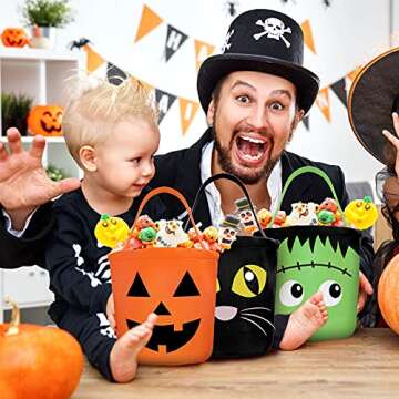 Whaline 3 Pack Halloween Trick or Treat Bucket Pumpkin Cat Monster Candy Basket Tote Bag with Handle Portable Candy Holder Bag Goodie Bags for Party Favor