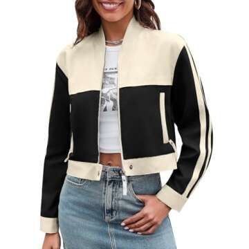 Tankaneo Women's Crop Bomber Jacket - Stylish Zip Up Casual Coats