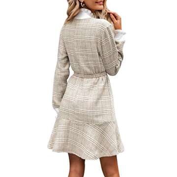 BerryGo Women's Elegant Turtleneck Ruffle Plaid Knit Dress Camel-S