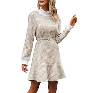 BerryGo Women's Elegant Turtleneck Ruffle Plaid Knit Dress Camel-S