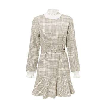 BerryGo Women's Elegant Turtleneck Ruffle Plaid Knit Dress Camel-S