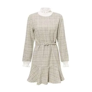 BerryGo Women's Elegant Turtleneck Ruffle Plaid Knit Dress Camel-S