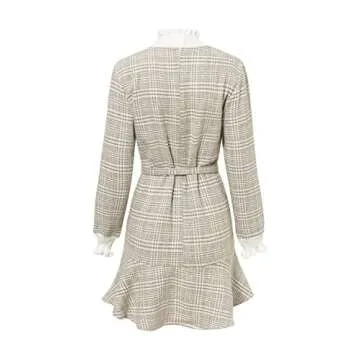 BerryGo Women's Elegant Turtleneck Ruffle Plaid Knit Dress Camel-S