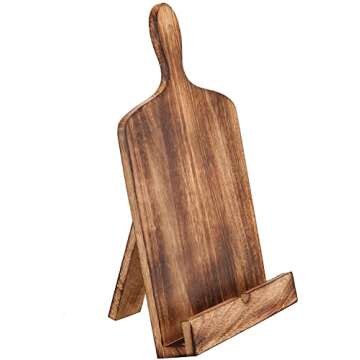 Wooden Cookbook Stand for Kitchen Counter Recipie Book Holder for Cooking, Solid Wood Chopping Board Style Foldable and Durable Recipe Holder for Tablets and Cookbooks (Brown)