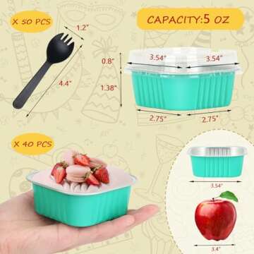 5oz Square Cupcake Pan With Lids 40 Pack,LNYZQUS Aluminum Foil Muffin Cups,Disposable Ramekins Mini Cake Brownie Baking Pans Jumbo Cupcake Liners Muffin Tin-Cyan Blue