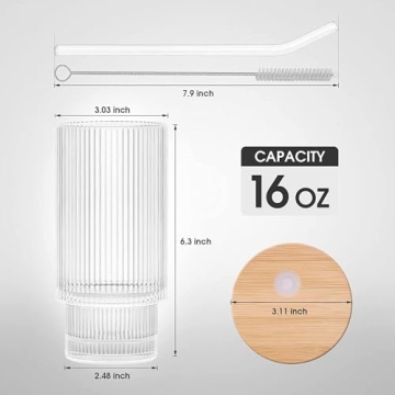 ALINK Ribbed Drinking Glass Set with Bamboo Lids and Straws