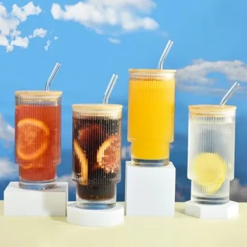 ALINK Ribbed Drinking Glass Set with Bamboo Lids and Straws
