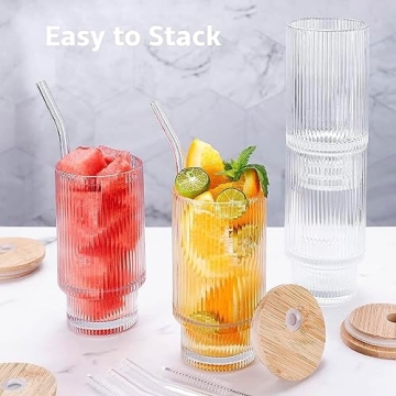 ALINK Ribbed Drinking Glass Set with Bamboo Lids and Straws