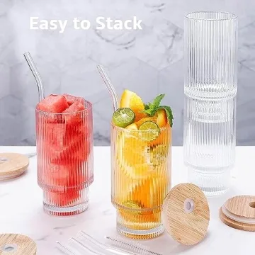ALINK Ribbed Drinking Glass Set with Bamboo Lids and Straws