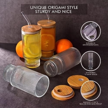 ALINK Ribbed Drinking Glass Set with Bamboo Lids and Straws