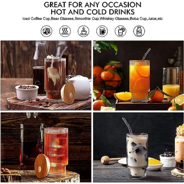 ALINK Ribbed Drinking Glass Set with Bamboo Lids and Straws