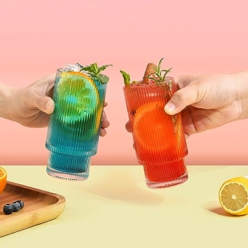 ALINK Ribbed Drinking Glass Set with Bamboo Lids and Straws