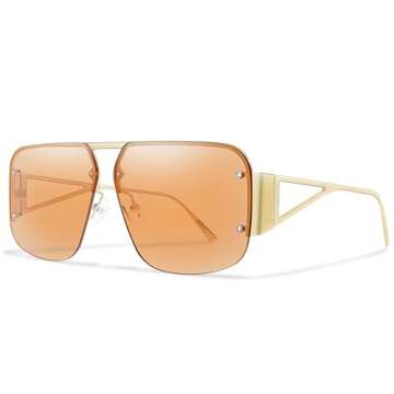 BOTPOV Trendy Aviator Sunglasses Men Women Retro Rimless Metal Frame Shades Lentes De Sol Para Mujer BP3625 (Golden Frame/Brown Len)