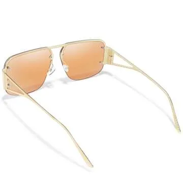 BOTPOV Trendy Aviator Sunglasses Men Women Retro Rimless Metal Frame Shades Lentes De Sol Para Mujer BP3625 (Golden Frame/Brown Len)